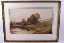 J Barclay (British, 19th century), Family on the river bank, watercolour, signed lower left,