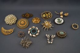 Fifteen vintage costume jewellery brooches including: a gilt metal rose; an imitation pearl circlet;