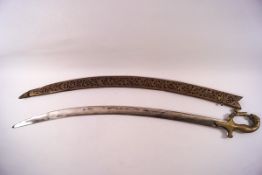 An Indian ornamental sword with brass lion and rabbit grip and hilt,