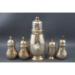 A silver composite five piece cruet set,