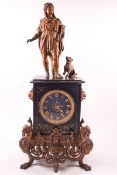 A French black marble and bronzed mantel clock with eight day movement,