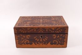 A Victorian marquetry rosewood and burrwood jewellery box with compartmental interior tray,