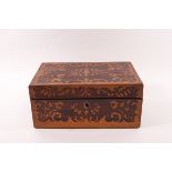 A Victorian marquetry rosewood and burrwood jewellery box with compartmental interior tray,