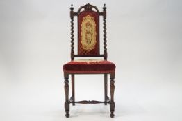 A Victorian rosewood child's chair with barley twist and tuned supports,