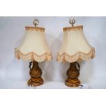 A pair of French gold painted spelter table lamps and shades,