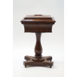 A William IV rosewood work table with caddy top on quatre form base, 78cm high x 48.