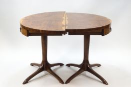 A pair of contemporary solid burr yew wood demi-lune tables, each 68.