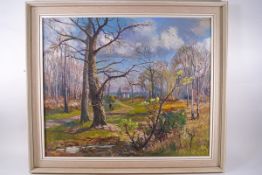 R C D Lowry, Spring on Hayes Common, oil on board, signed lower right, 49cm x 59.