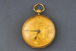 A yellow gold open face pocket watch. Fully engraved foliate finish.