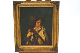 Continental School, 19th century, Portrait of a boy wearing a hat, oil on canvas, monogrammed E.