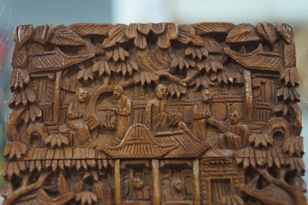 A Chinese wooden card case, carved in low relief with figures and pagodas, 11.5cm x 7. - Image 2 of 6