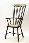 A 19th century elm stick back chair with copper studded upholstered seat and headrest,