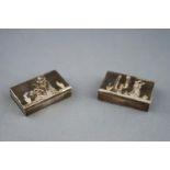 Two white metal rectangular pill boxes with Mexican inscribed design. Both stamped Sterling Mexico.