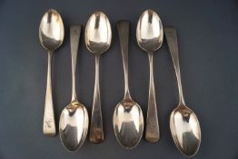 A set of six silver Old English pattern tea spoons, each engraved with the letter "A",