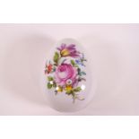 A Dresden porcelain egg shaped box and cover, painted with flower sprigs, printed factory marks, 10.