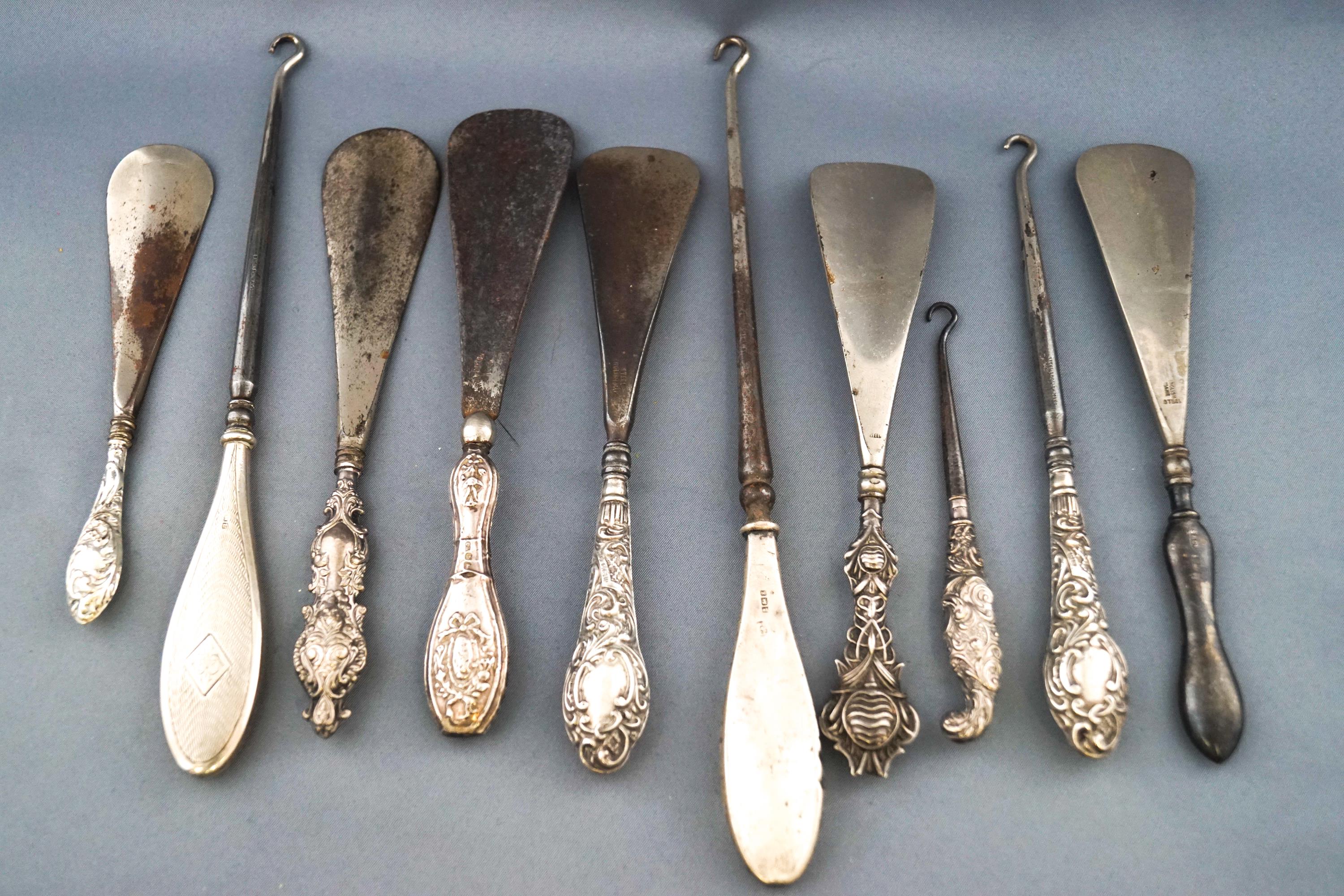 A collection of six shoe horns with silver handles, together with four button hooks, - Image 2 of 2