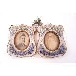 A Victorian micro-mosaic double photograph frame, with clover crest and two shield shaped frames,