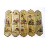 Five early 20th century porcelain door panels painted with Japanese figures & scenes on a green