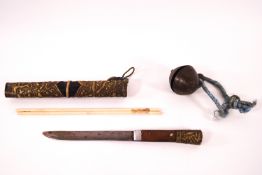 A Chinese trousse knife and bamboo chopsticks set within a brass mounted case,