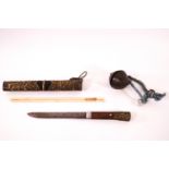 A Chinese trousse knife and bamboo chopsticks set within a brass mounted case,