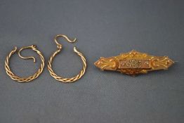 A hallmarked 9 carat gold filigree mourning bar brooch together with a pair of twisted hoop