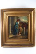 Style of George Morland, Lady with a Beggar Girl, oil on canvas, 34.5cm x 29.