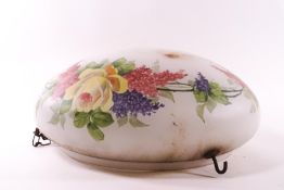 A 1930's white glass hanging lamp shade, decorated with summer blooms,