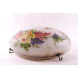 A 1930's white glass hanging lamp shade, decorated with summer blooms,