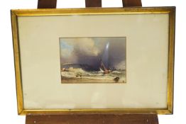 English school, 19th century, Figures and boats on a shoreline, watercolour, 17.5cm x 24.