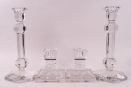 A pair of Val St Lambert cut glass six sided candlesticks, 24cm high,