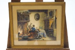 Continental school, 19th century, Interior scene with figures by a fireplace, watercolour,