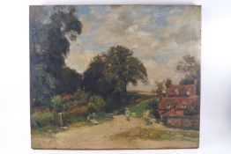 Henry Milton Wilson, Figures on a country lane, oil on canvas, signed lower left, 51cm x 61cm,