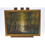 T Salzano, Forest scene with waterfall, oil on board, signed lower right, 50.