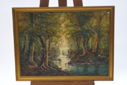 T Salzano, Forest scene with waterfall, oil on board, signed lower right, 50.