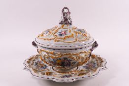 A Nove maiolica two handled cup, cover and shaped stand,
