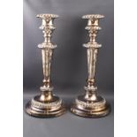 A pair of Sheffield plate candlesticks, with gadrooned rims, 28.