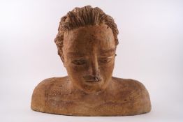 A reconstituted stone bust of a gentleman with eyes cast downward, by Raye Sawden,