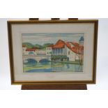 Phyllis Harris S W A, The House by the River, pen and watercolour, signed lower left, 30cm x 45.