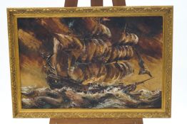 Tom Gower, Galleon at anchor, oil on canvas, signed lower left, 49.5.5cm x 39.