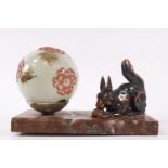 A 1930's marble table lamp mounted with 'copper' figure of a squirrel eating a nut,