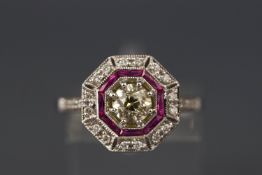 A white metal ruby and diamond halo cluster having a central old cut diamond, approx 0.