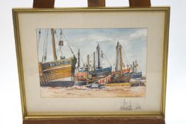 Frank Shipsides (1908-2005), FIshing Boats Ashore, watercolour, signed lower right and dated 1980,