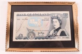 A £5 note signed by Margaret Thatcher, and a Christmas card of Margaret and Denis Thatcher,