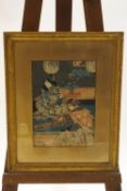 Japanese School, 19th century, a Geisha and her companion playing instruments, woodblock print, 36.