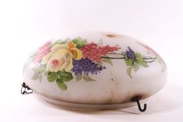 A 1930's white glass hanging lamp shade, decorated with summer blooms,