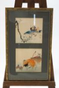 Japanese school, early 20th century, a pair of Mandarin ducks and Insects on leaves, watercolour,