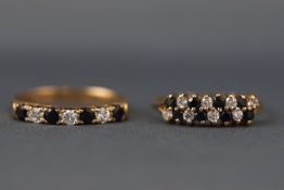 A selection of two hallmarked 9ct gold sapphire and cubic zirconia dress rings. Size P & R.