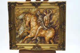 M Tapiz (Continental), 20th century, 'Horses and Riders', oil on canvas, signed lower right,