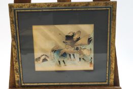 Japanese school, early 20th century, Three figures battling against a storm, watercolour, signed 19.