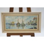 George Deakin, Moored Boats, oil on board, signed and dated '89 lower left, 24cm x 56.